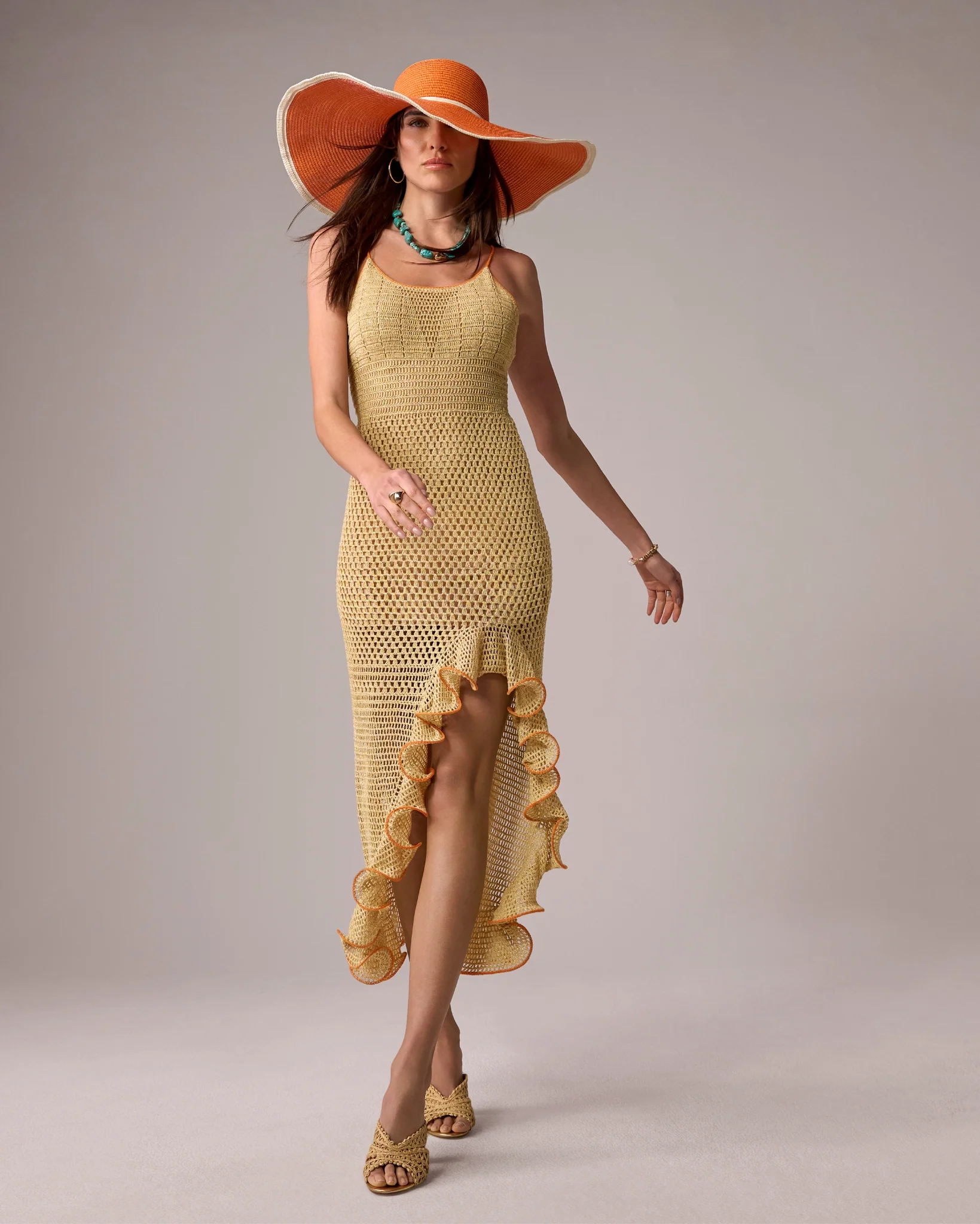 Asymmetrical Ruffle Crochet Maxi Dress Gold