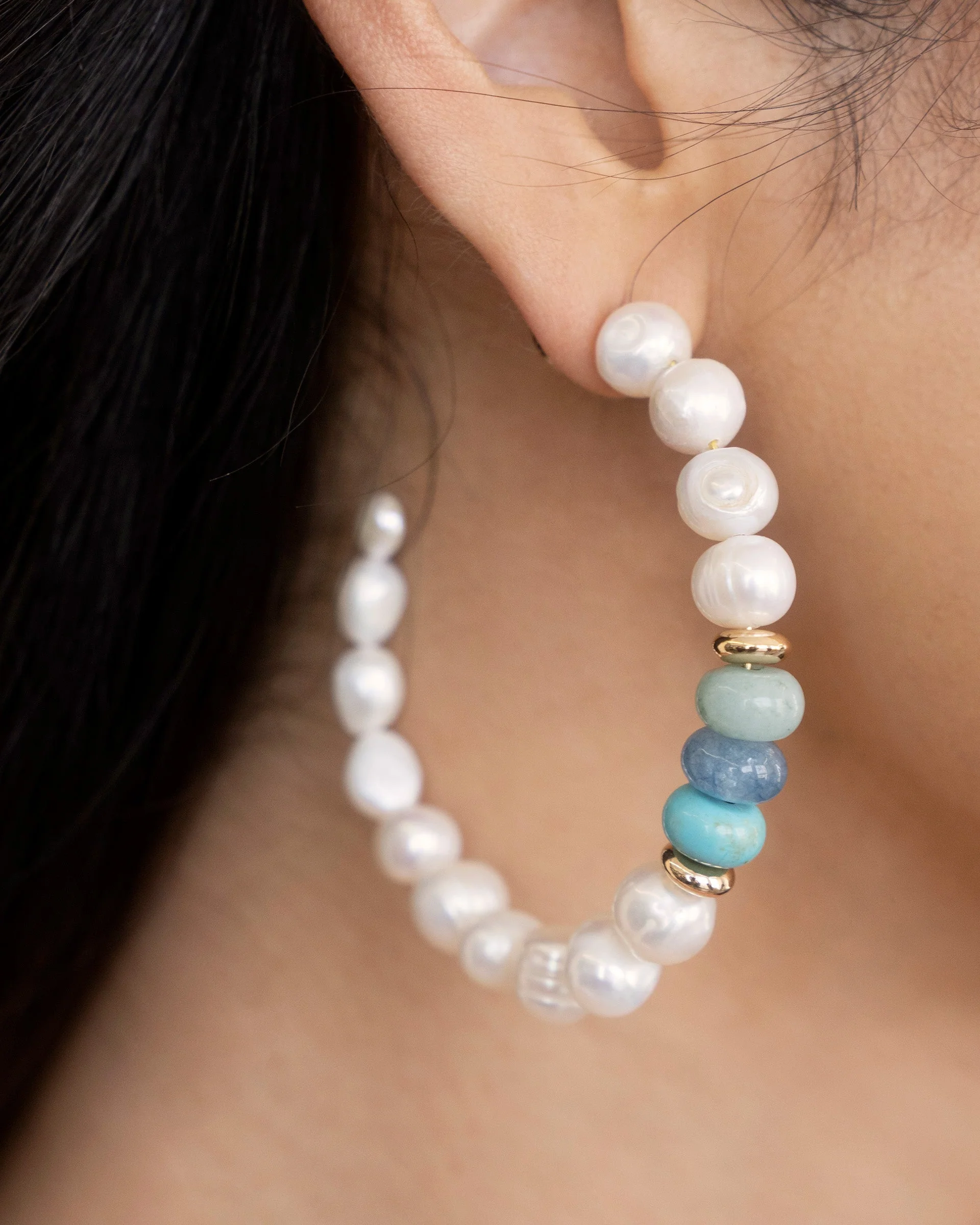 Beach Day Pearl and Gemstone Hoop Earrings - Image 4