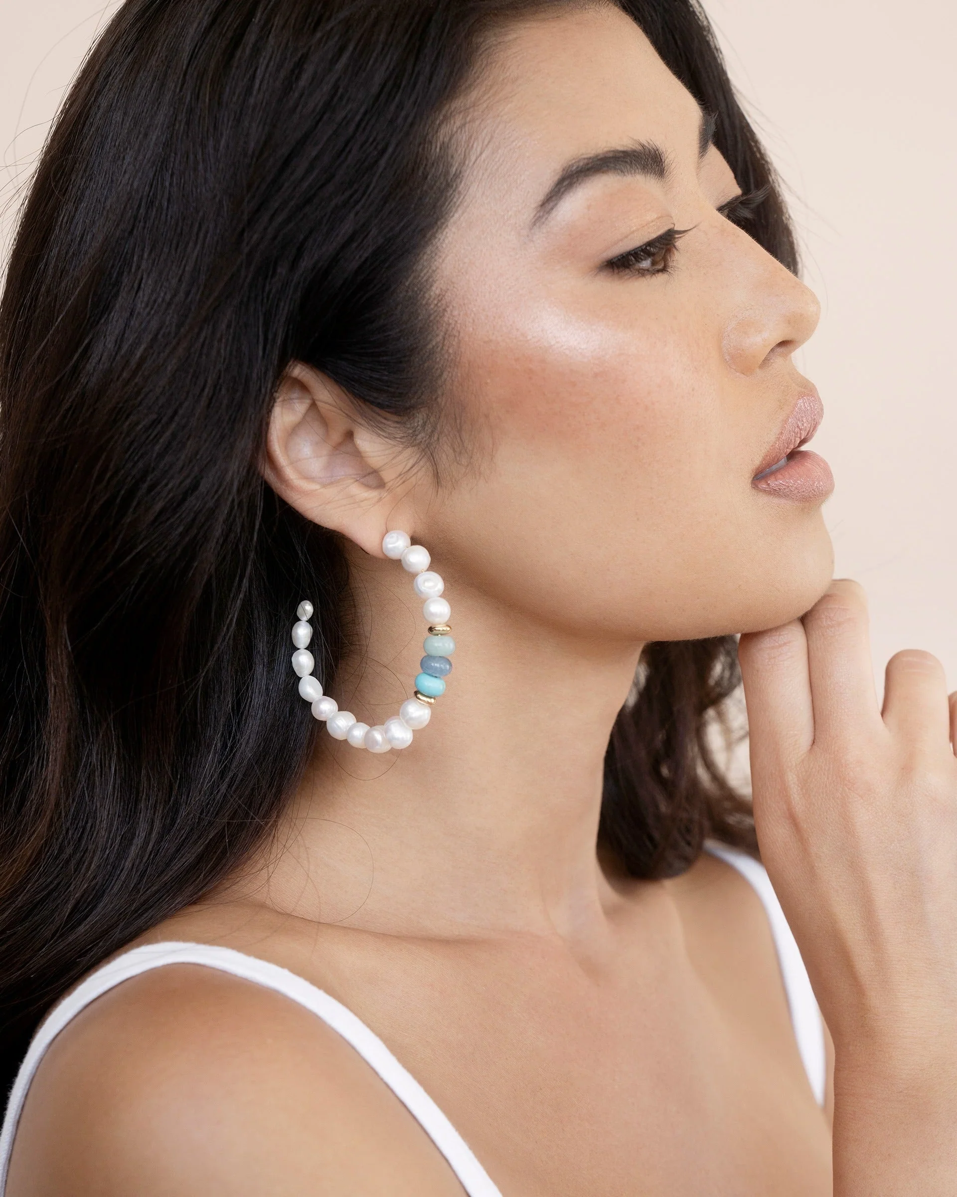 Beach Day Pearl and Gemstone Hoop Earrings - Image 7