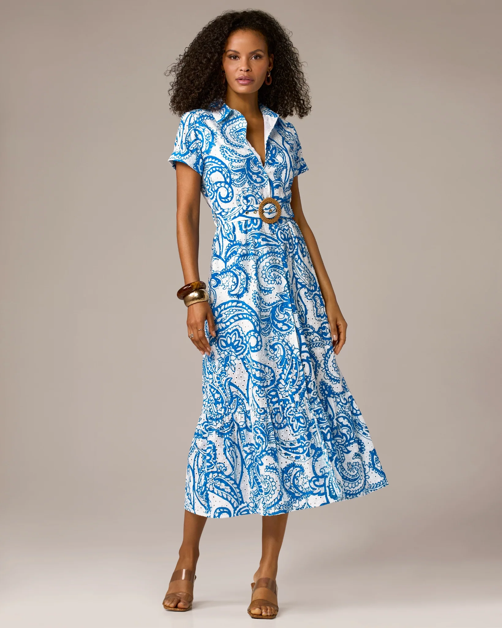 Belted Print Midi Shirt Dress Patriotic Paisley Wave