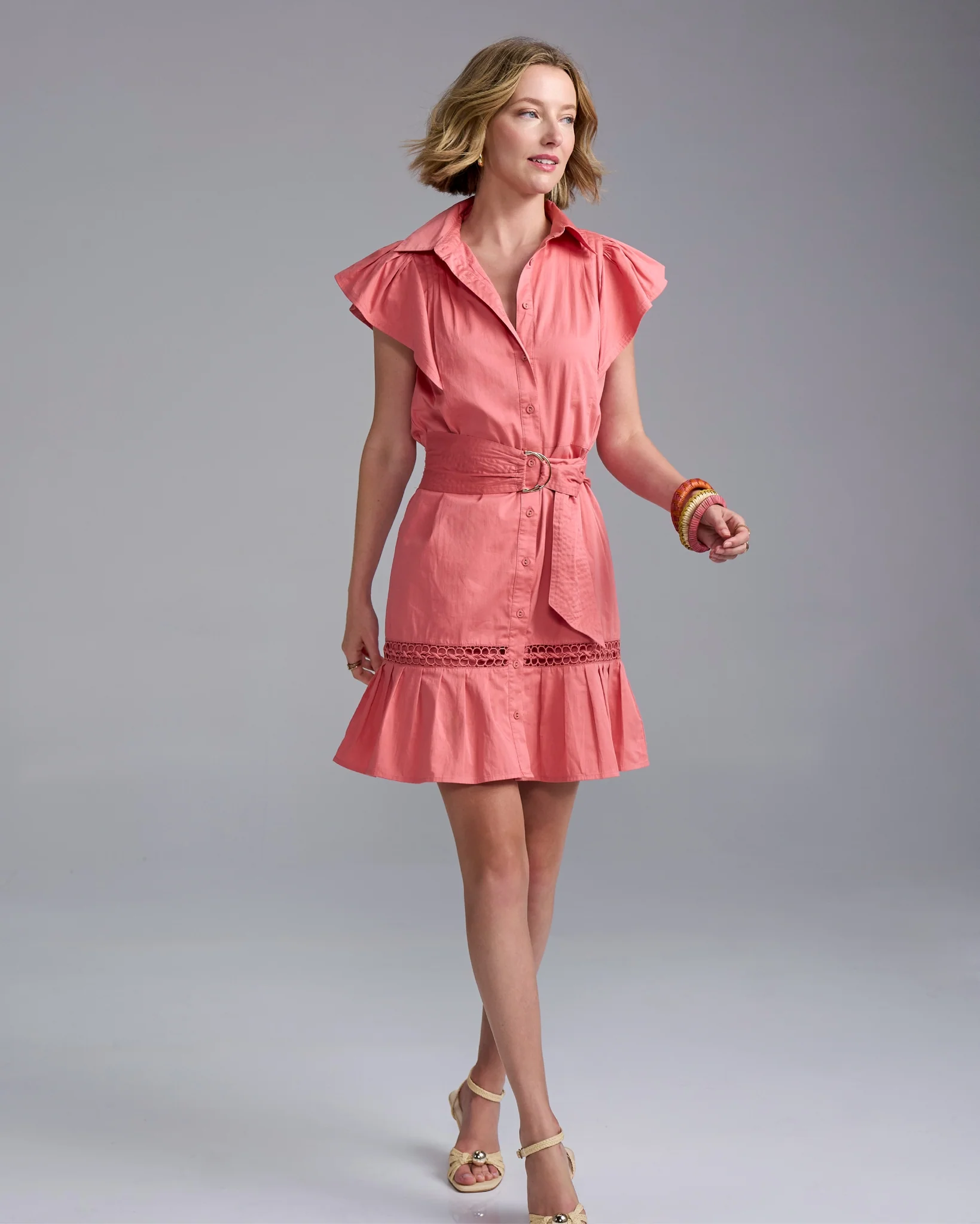 Belted Ruffle A-Line Shirt Dress Desert Rose