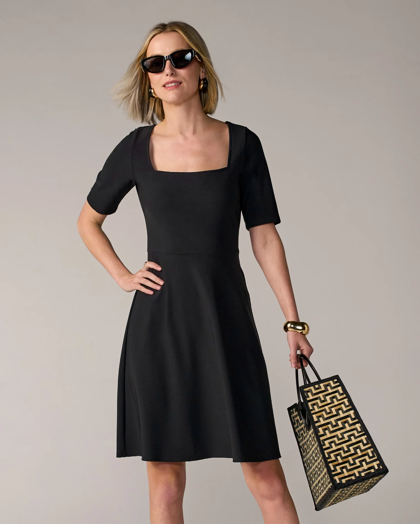 Beyond Travel Square Neck Fit and Flare Dress Jet Black