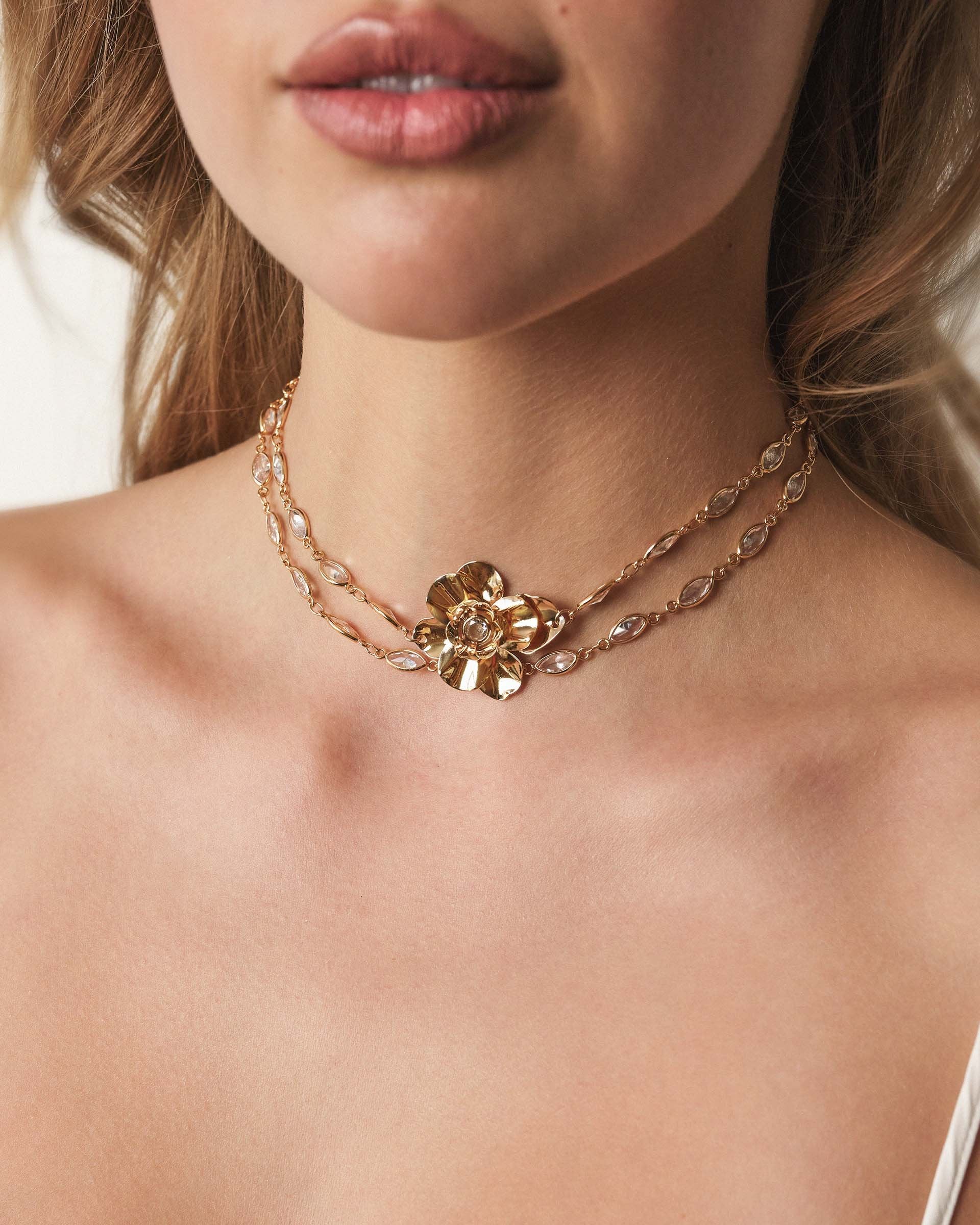 Bezel Crystal Layered Flower Necklace - Image 2