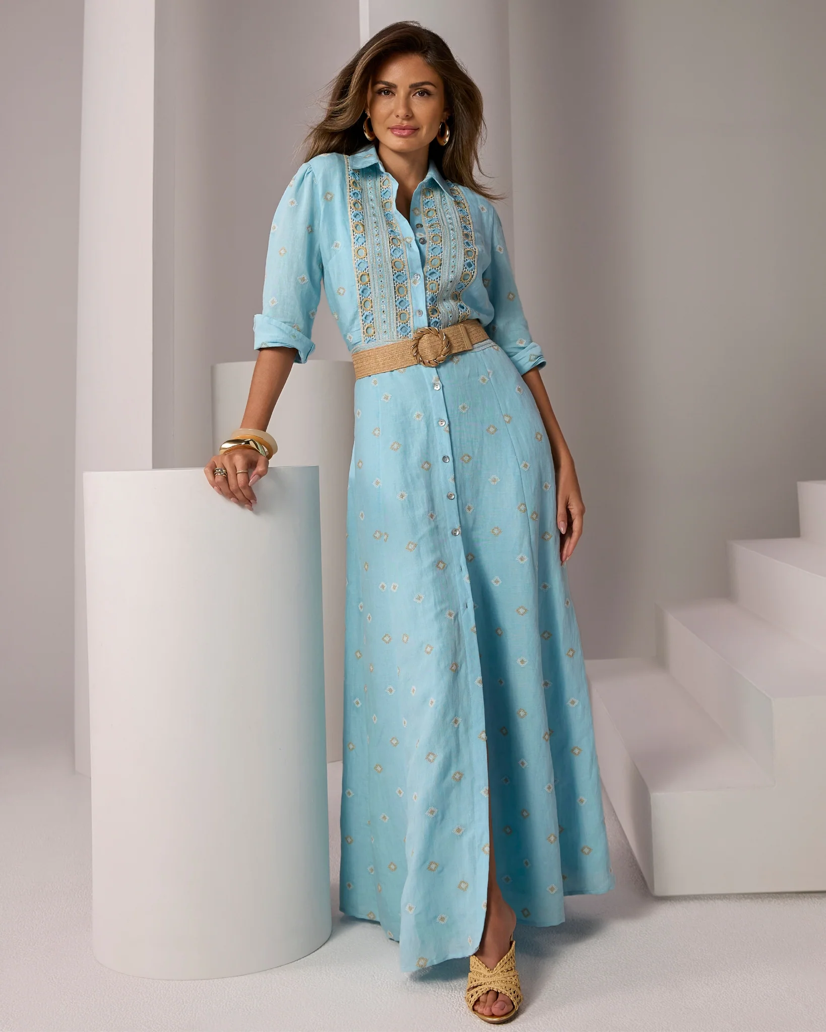 Button Up Maxi Dress with Embroidery Blue Topaz