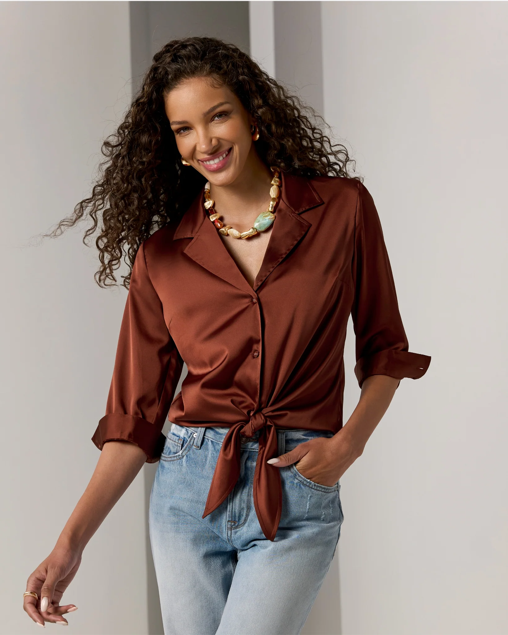 Charmeuse Notched Collar Tie Front Shirt Madder Brown