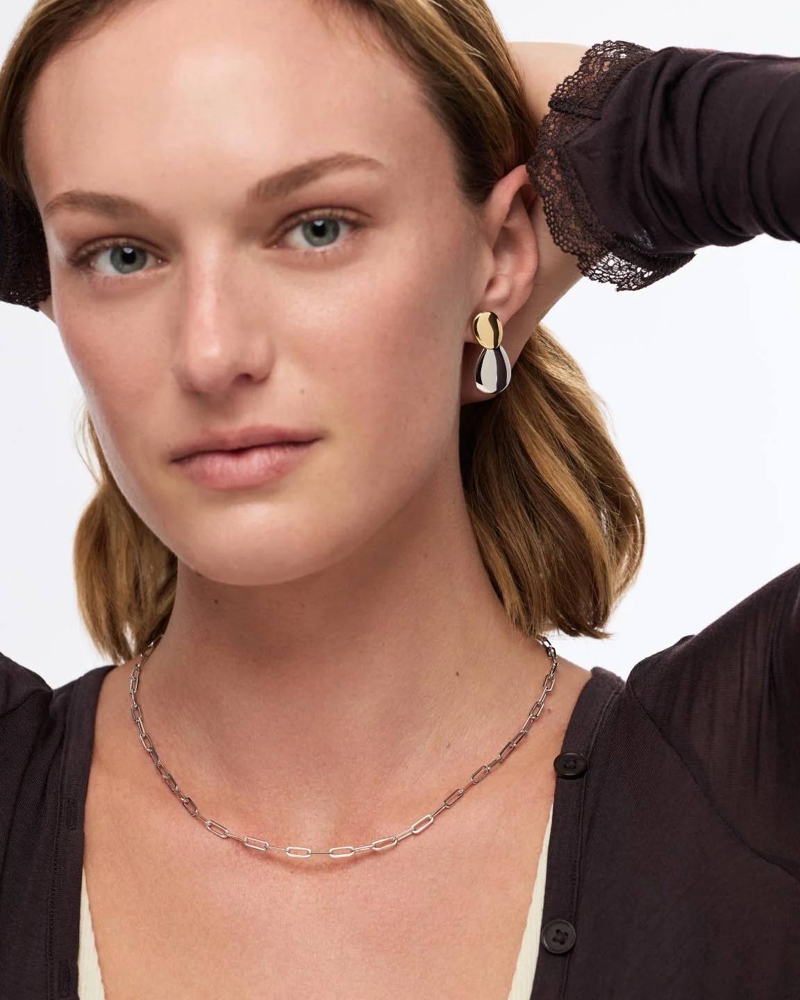 Drop Earrings - Pebble Earrings Two Tone - Image 2