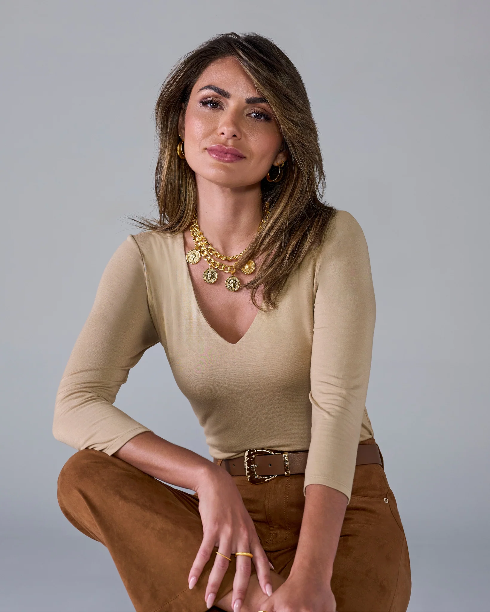 Effortless Three Quarter Sleeve V Neck Sesame