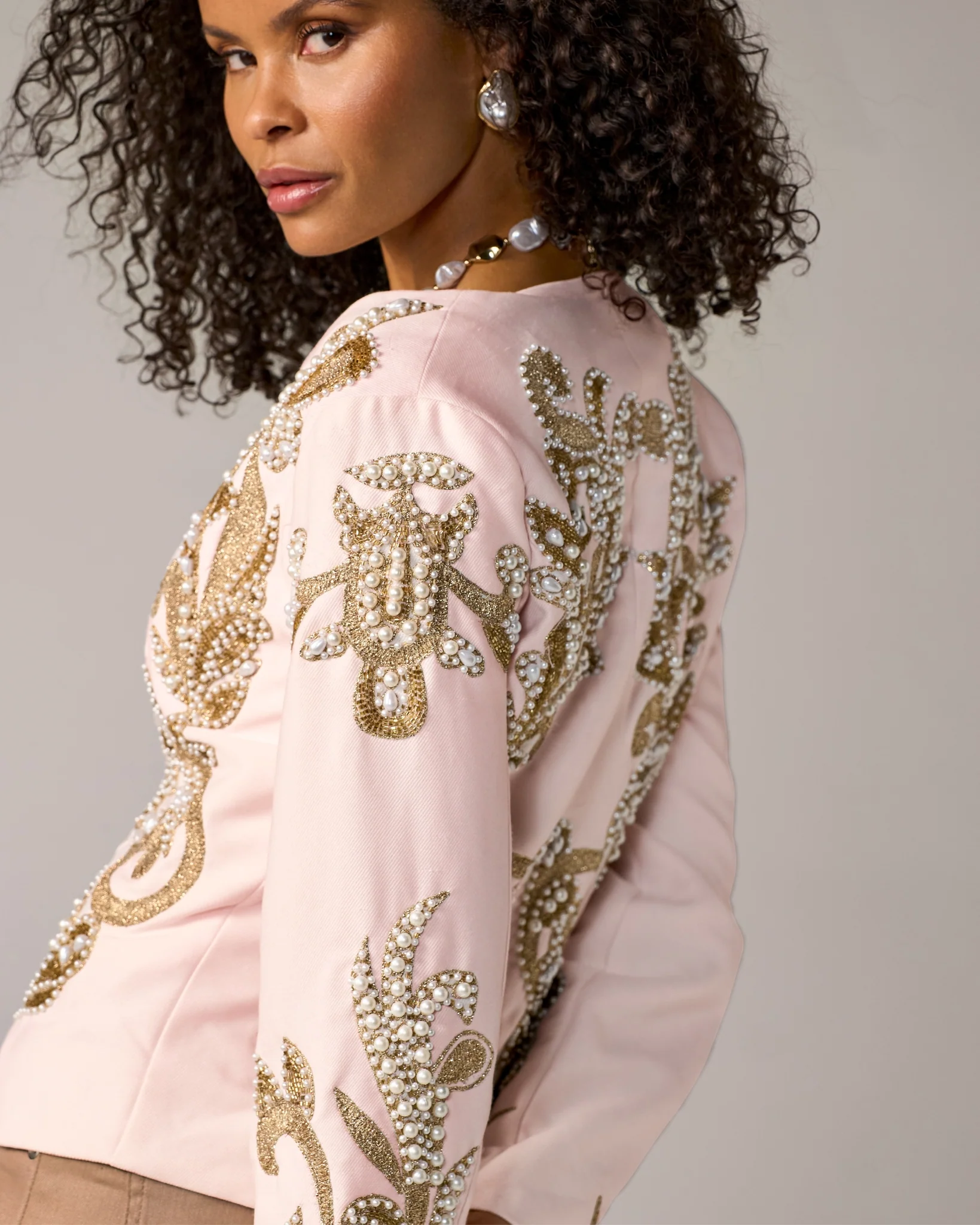 Gold & Pearl Embellished Jacket Pale Blush