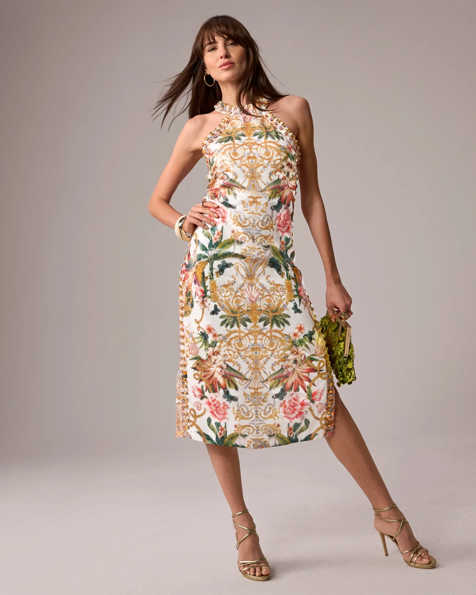 High Neck Printed Gem & Sequin Sheath Dress Vacation at the Lotus