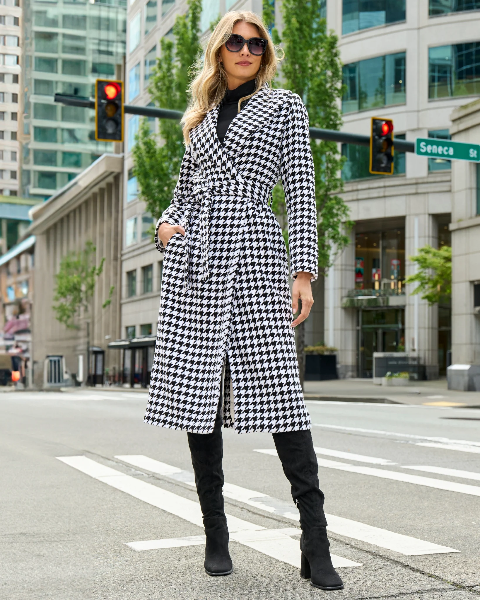 Houndstooth Shawl Collar Coat Black/White