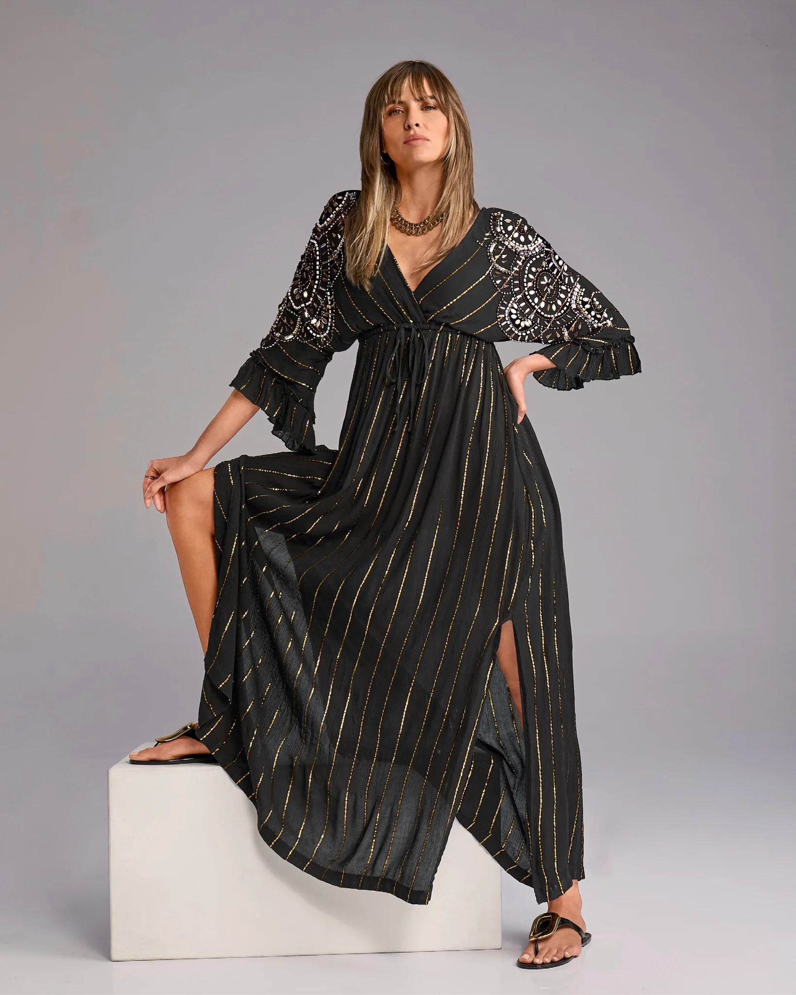 Kimono Sleeve Embellished Metallic Gauze Maxi Dress Proper Black
