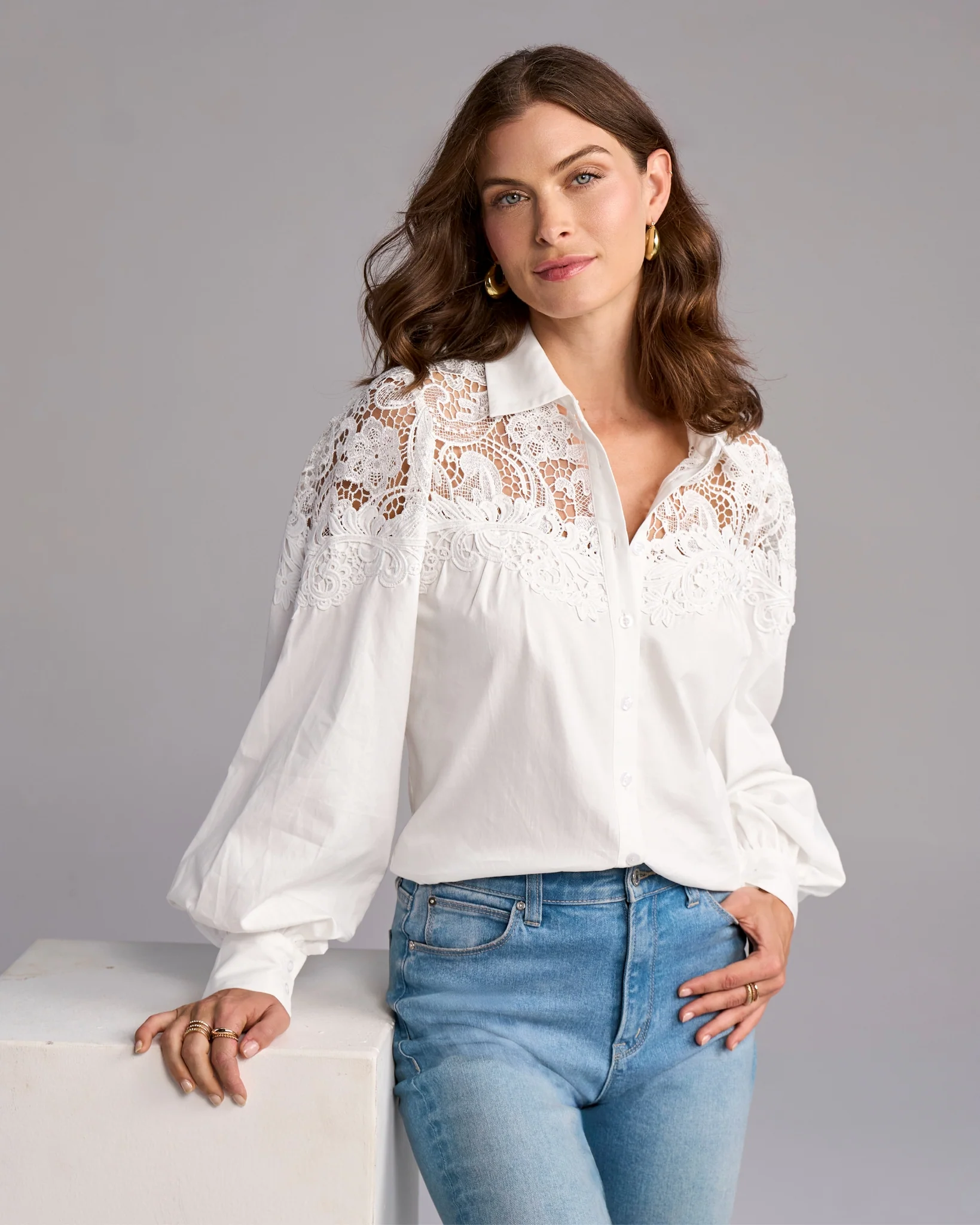 Lace Button Up Shirt Pure White