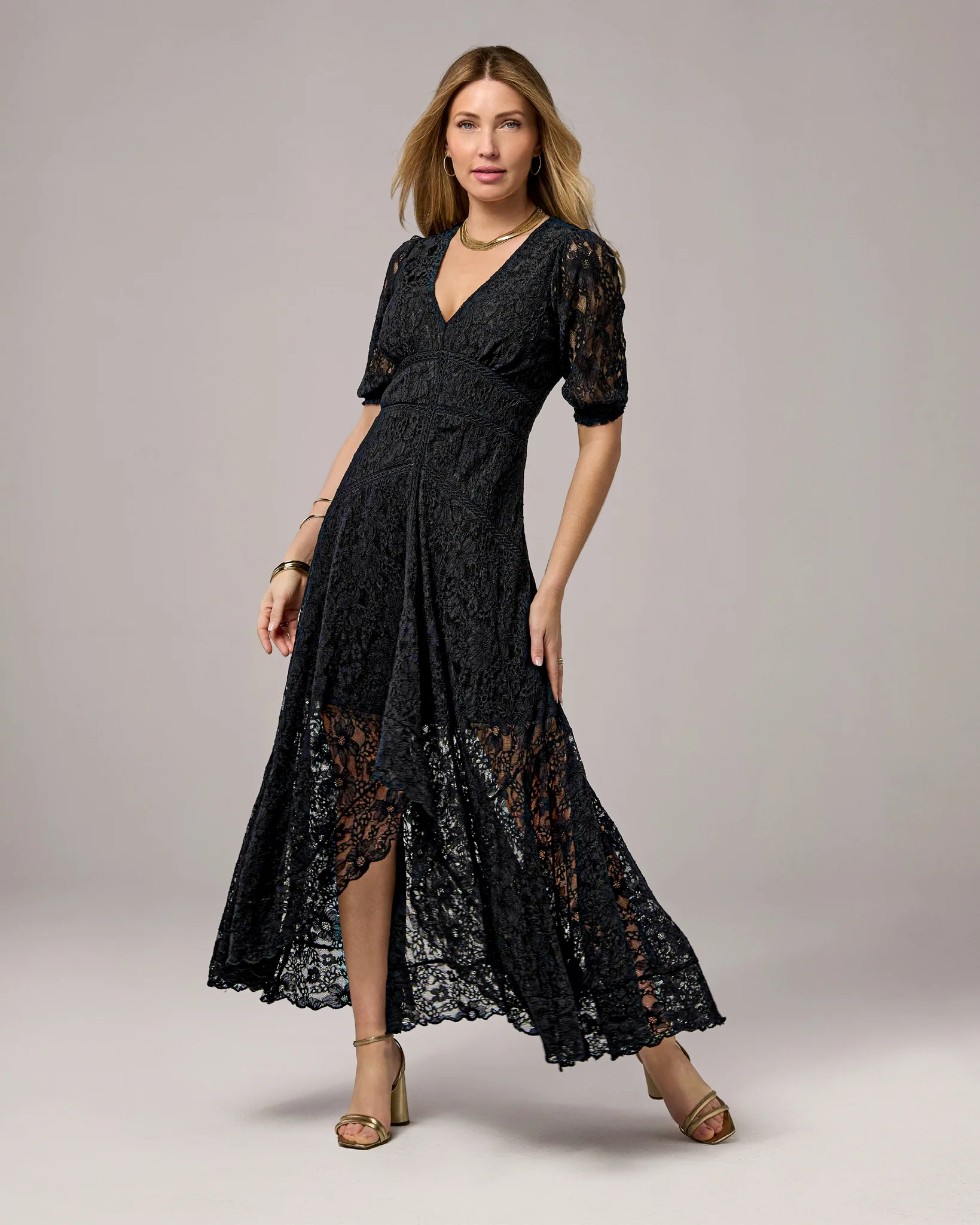 Lace High Low Puff Sleeve Maxi Dress Black