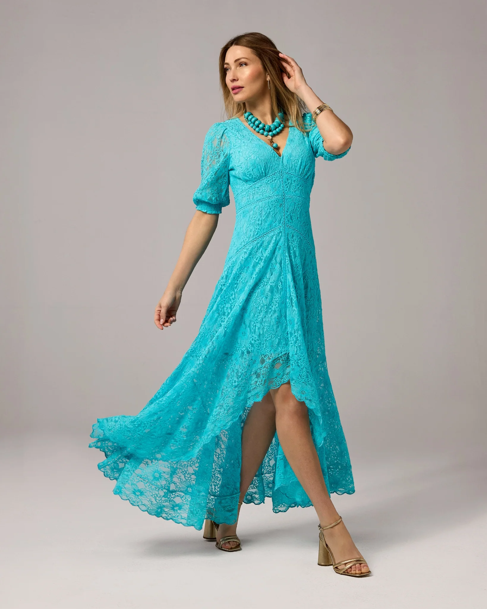 Lace High Low Puff Sleeve Maxi Dress Capri