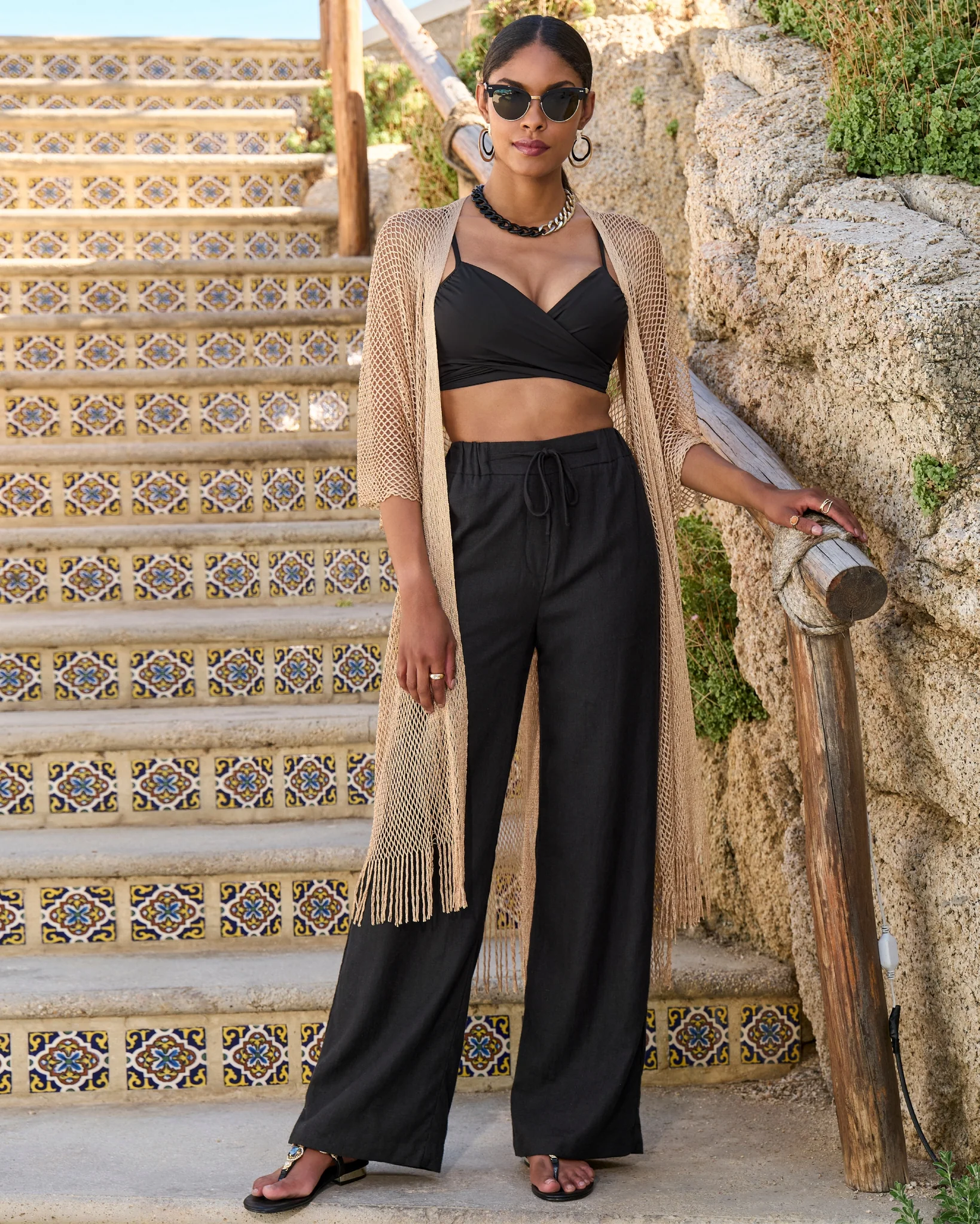 Malibu Wide Leg Drawstring Linen Pant Black
