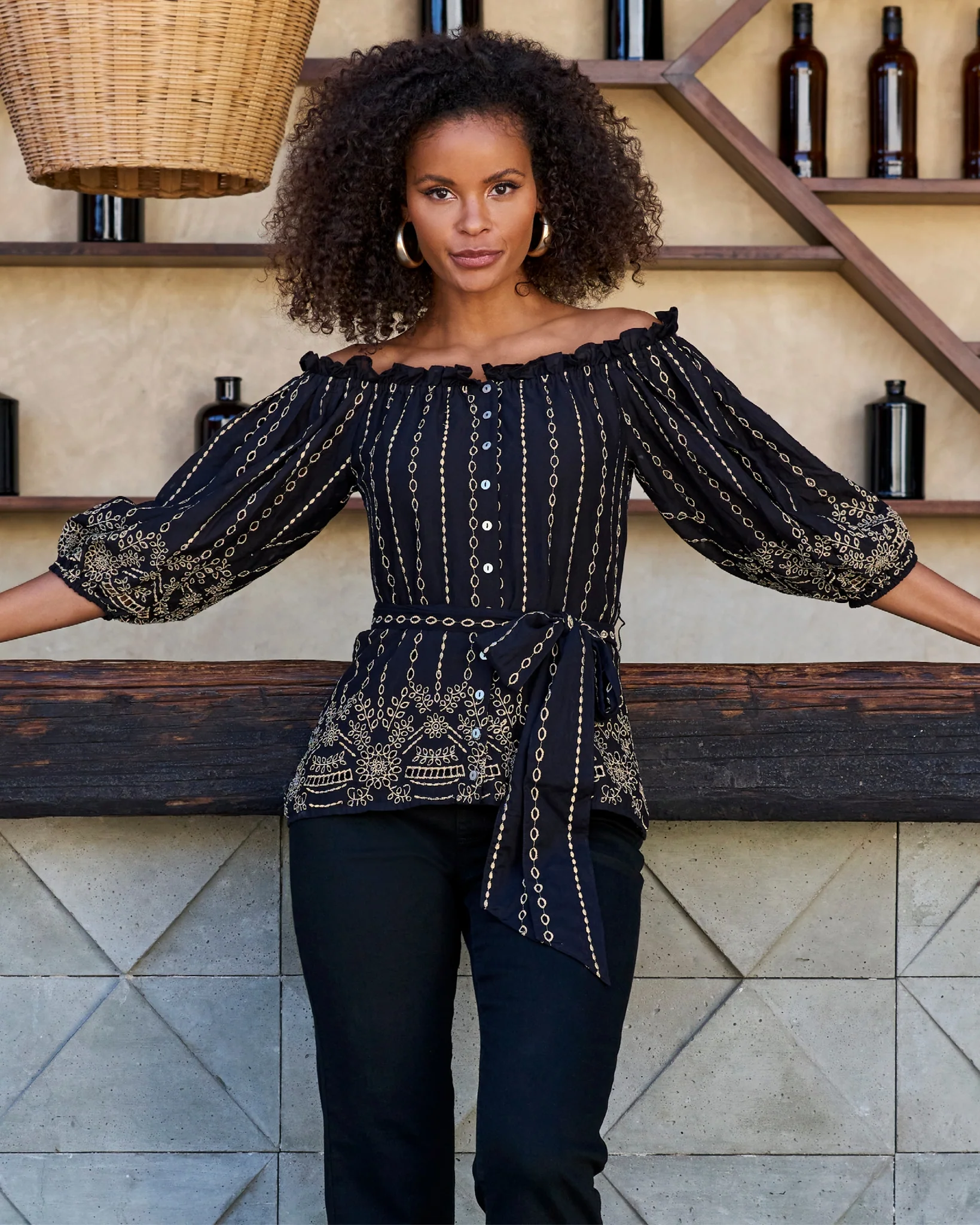 Metallic Eyelet Off The Shoulder Blouse Black/Gold