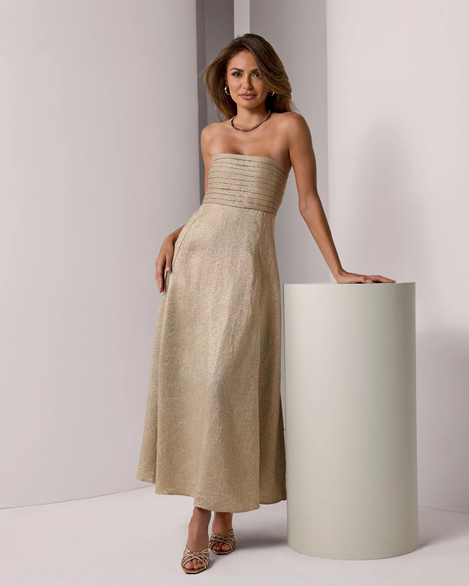 Metallic Linen Pleated Strapless Dress Metallic Gold