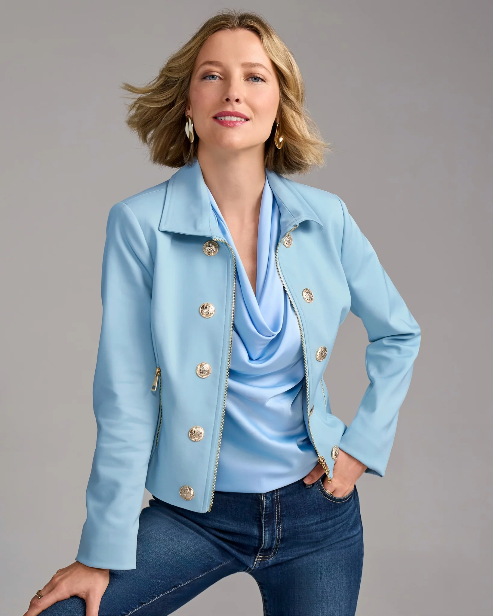 Modern Zip Front Crest Button Jacket Blue Cloud