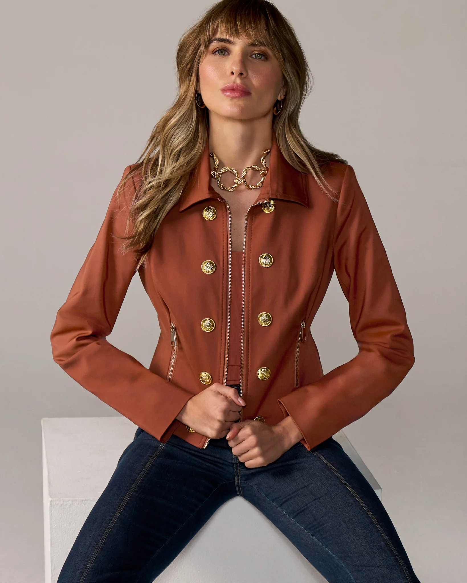 Modern Zip Front Crest Button Jacket Paprika