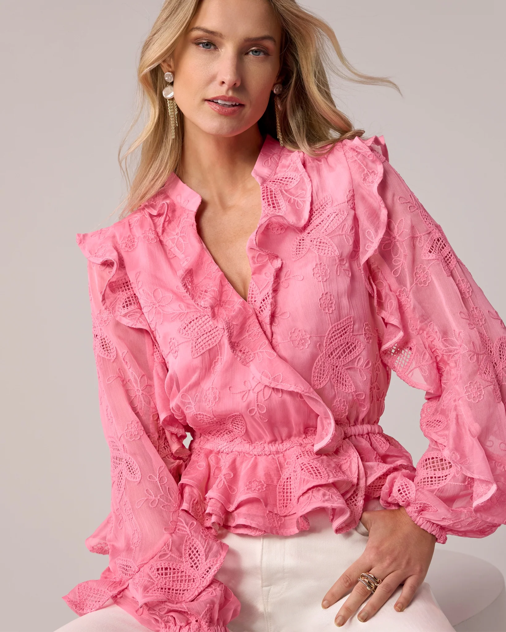 Novelty Embroidered Ruffle Blouse Pink Carnation