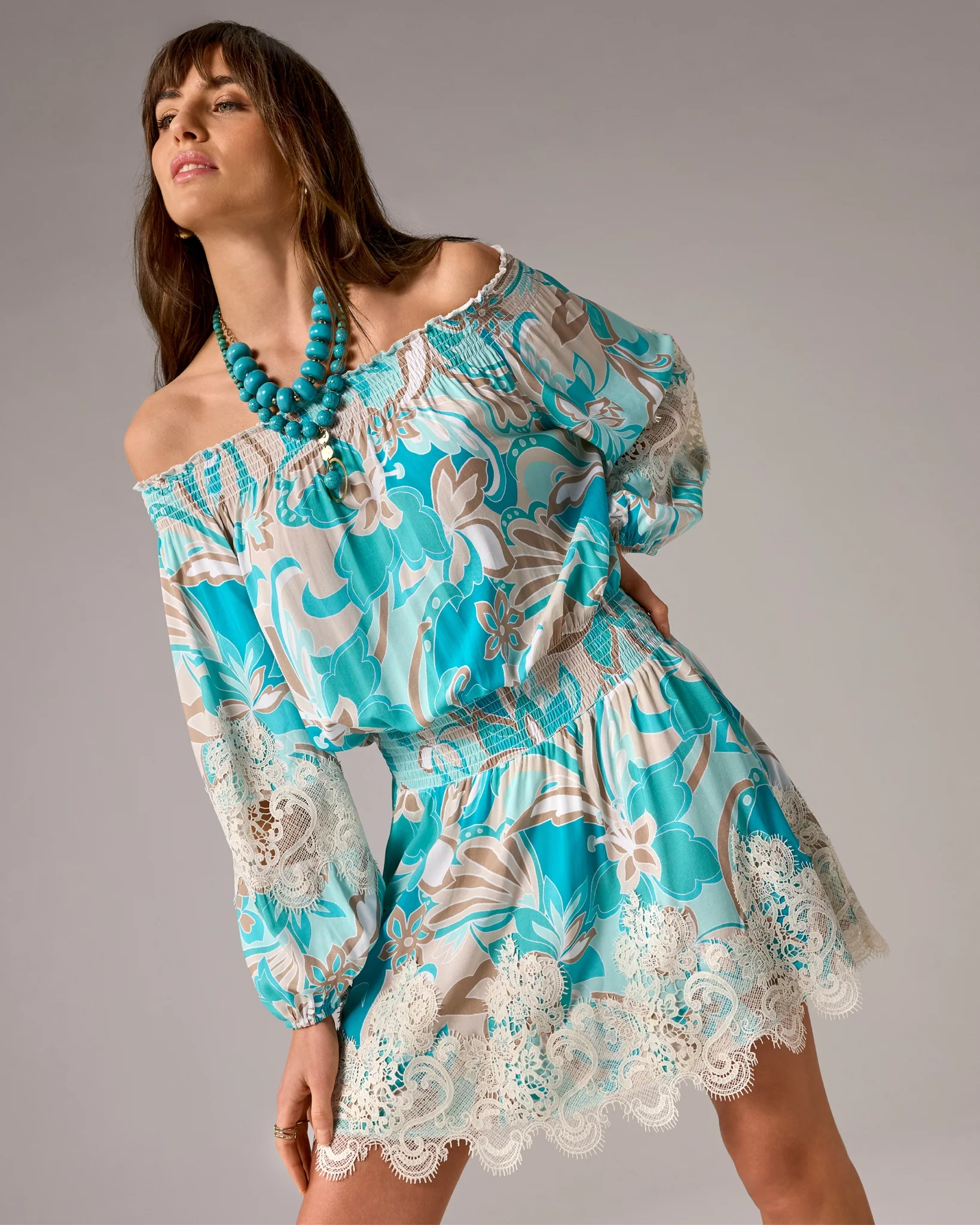 Off The Shoulder Printed Lace Trim Dress Agua Abstract