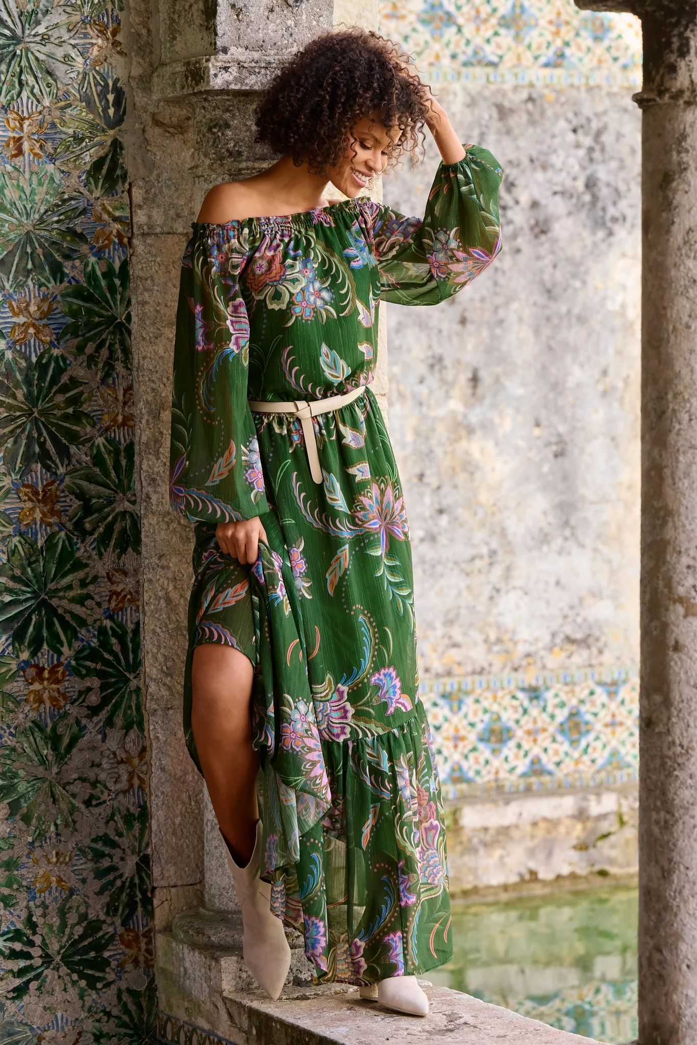 OTS Scrolling Fleurs Tiered Maxi Green