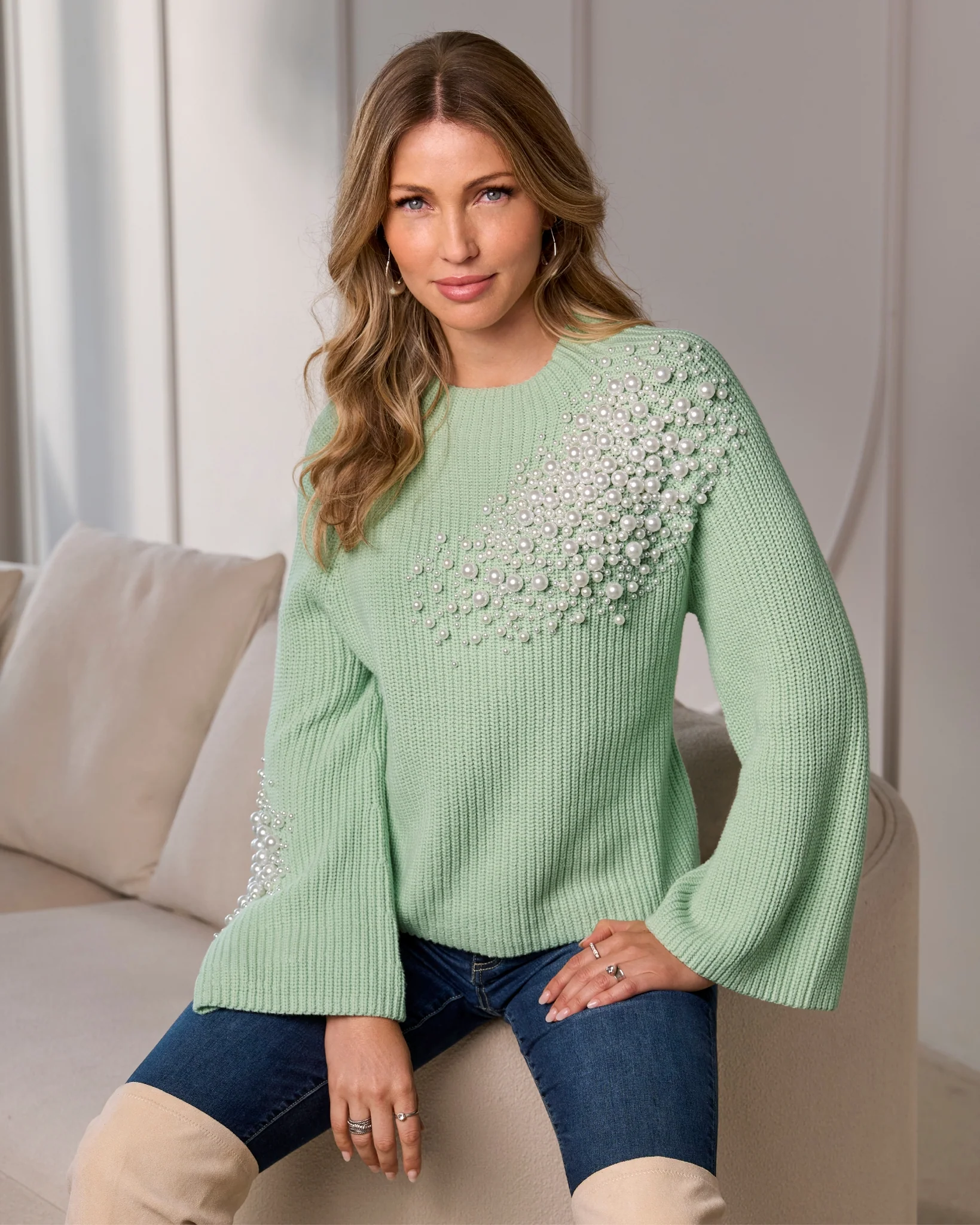 Pearl Embellished Flare Sleeve Sweater Surf Spray