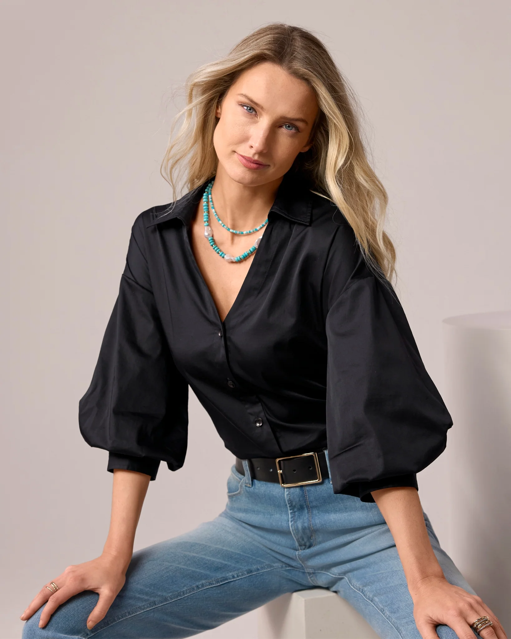 Poplin Puff Sleeve Button Up Shirt Black