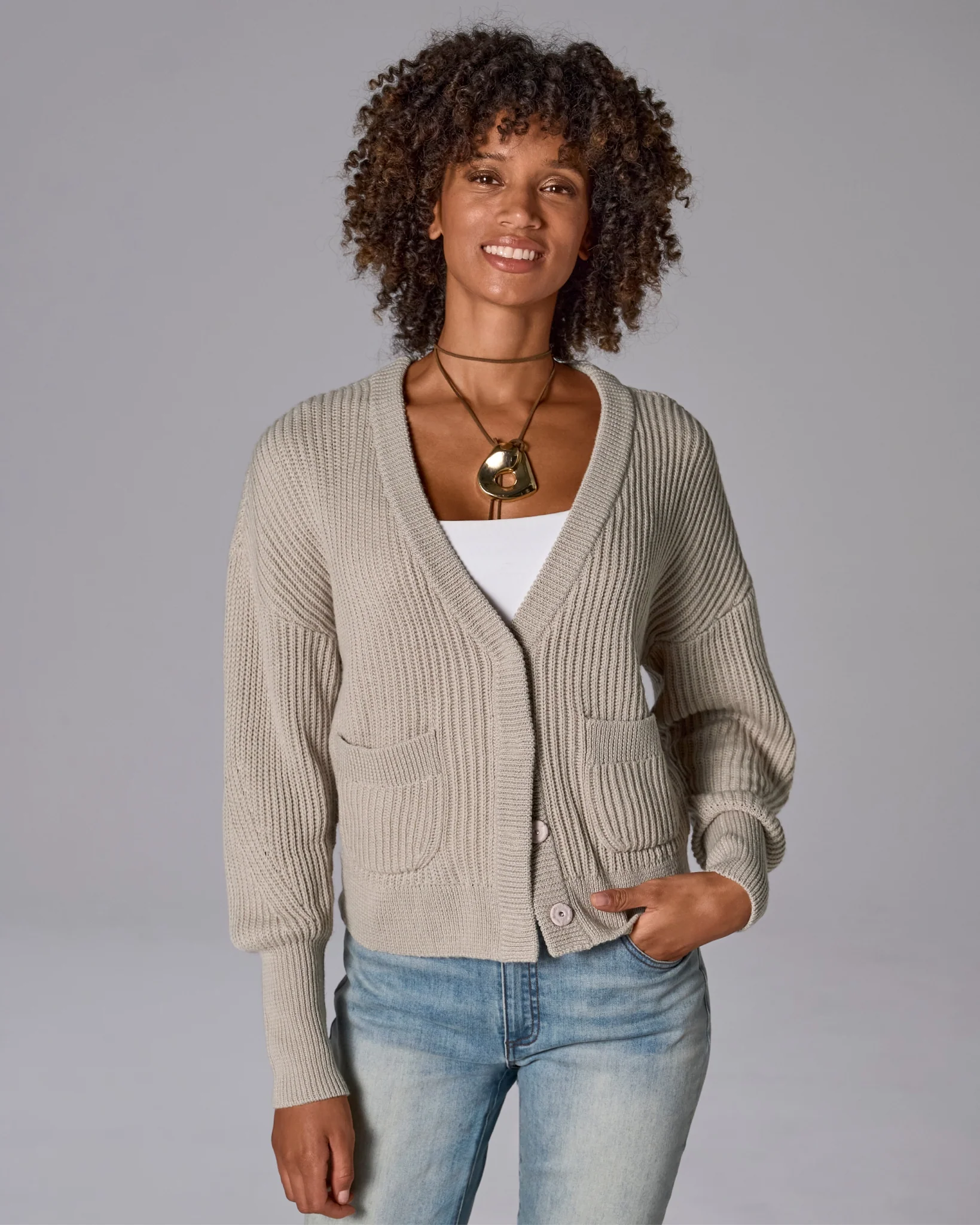 Relaxed Ribbed V-Neck Cardigan Heather Oatmeal