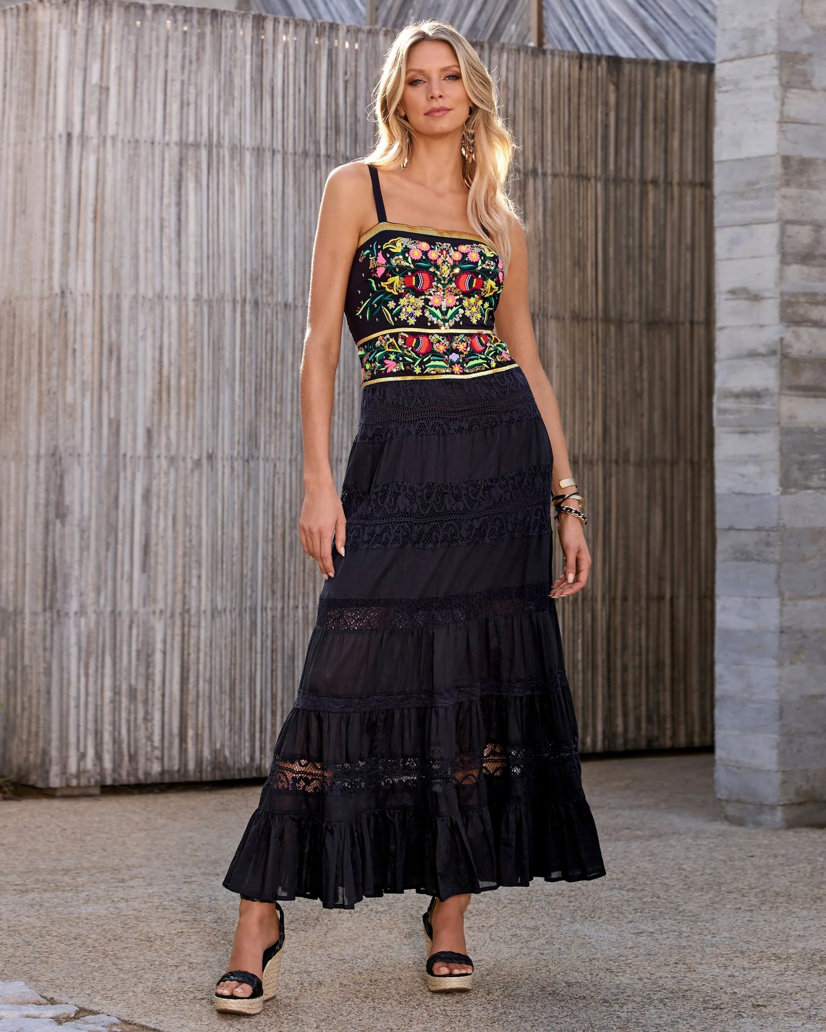 Sequin and Embroidered Lace Inset Maxi Black Multi