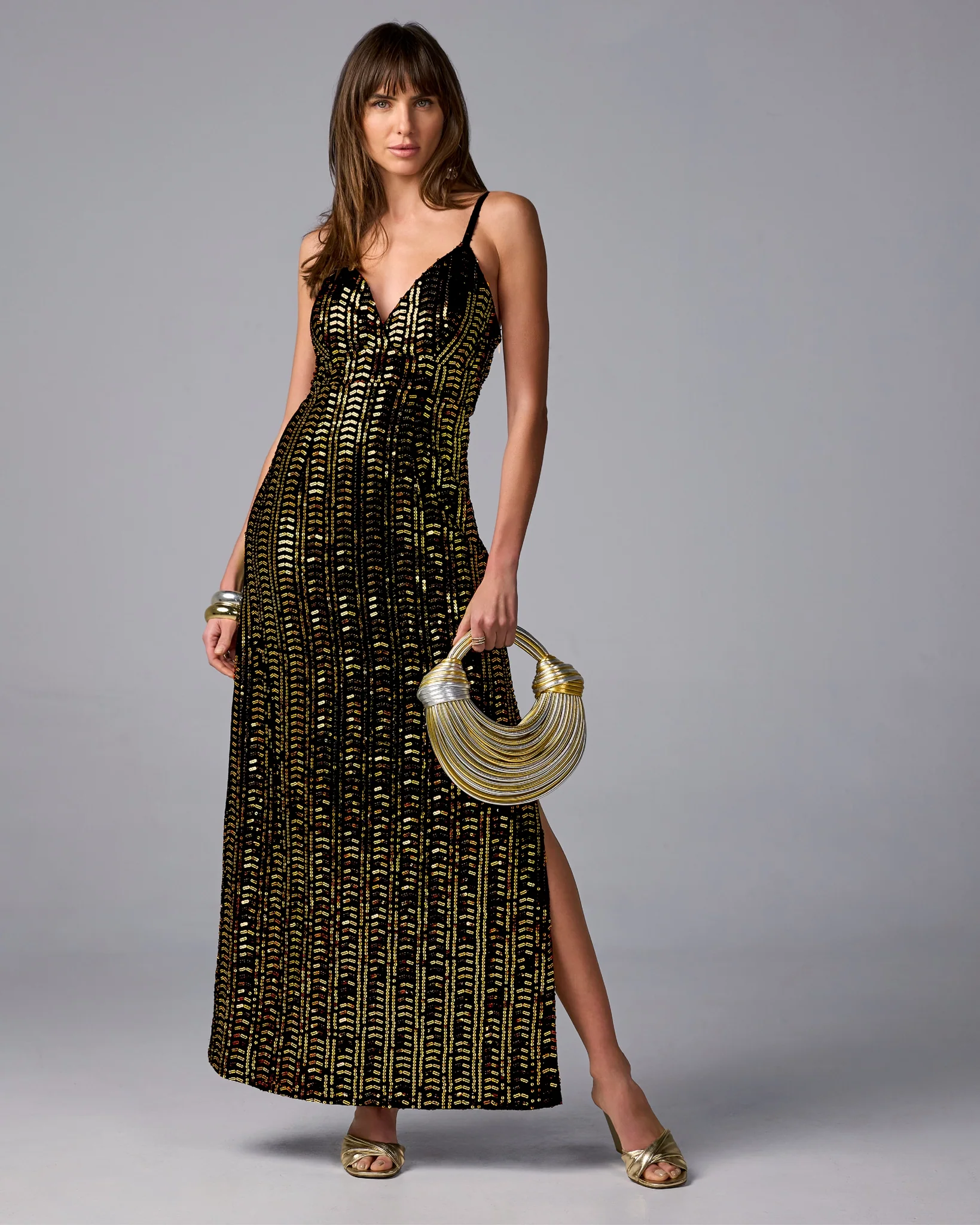 Sequin Embellished V Neck Maxi Dress Black/Gold