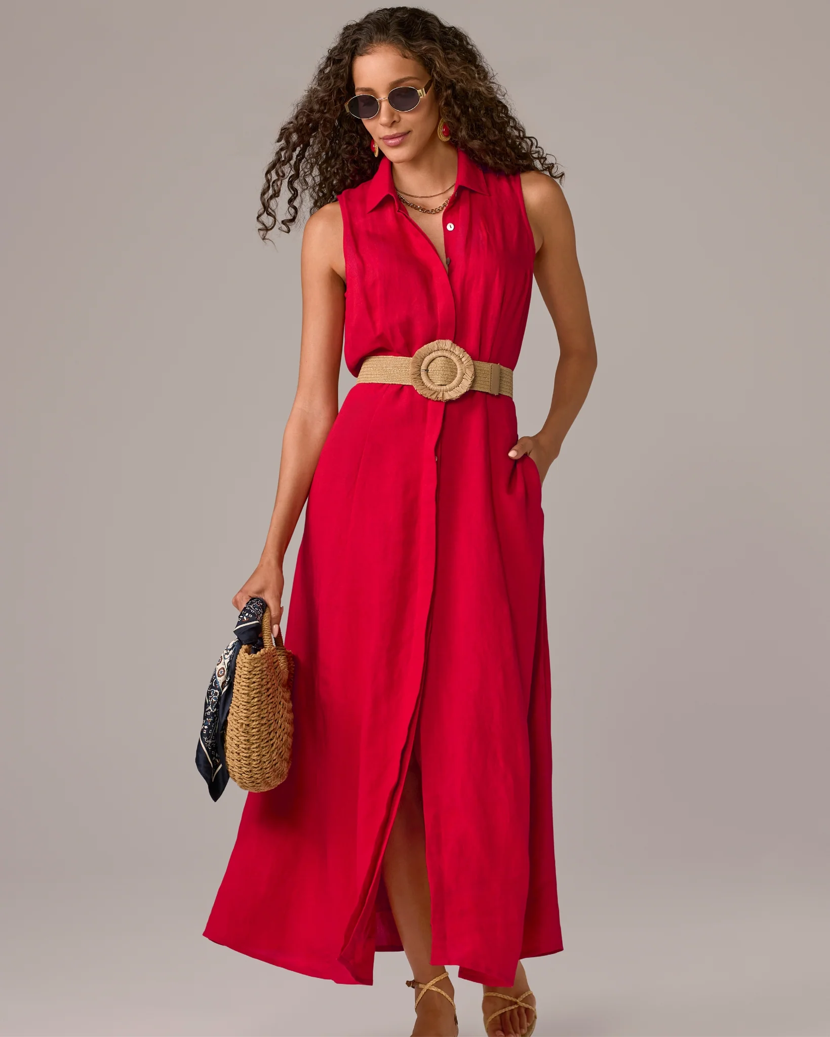 Sleeveless Linen Maxi Shirt Dress Tomato Red