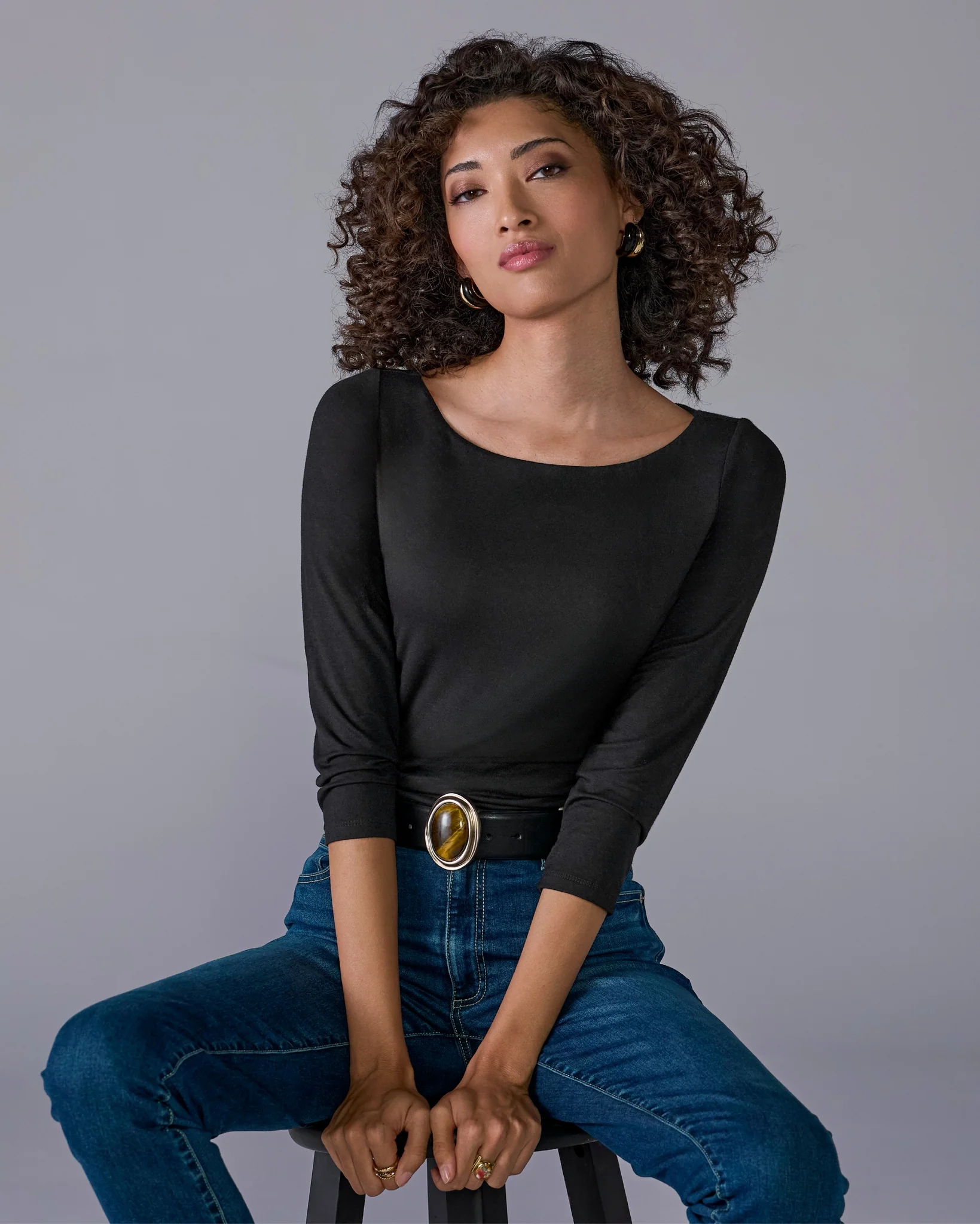 So Effortless Boat Neck 3/4 Sleeve Knit Top Proper Black