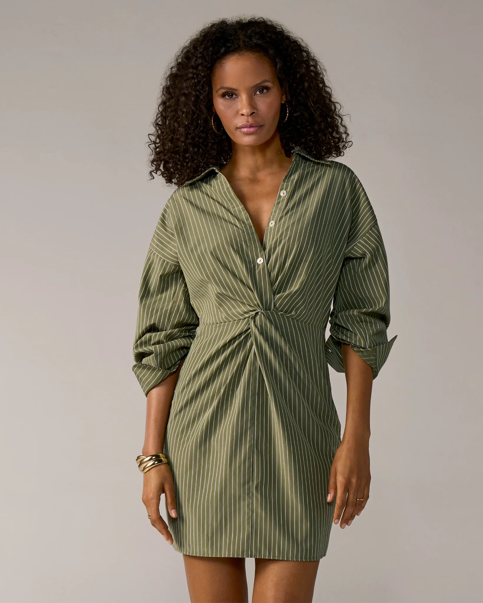 Striped Midi Button-Up Shirt Dress Green/White