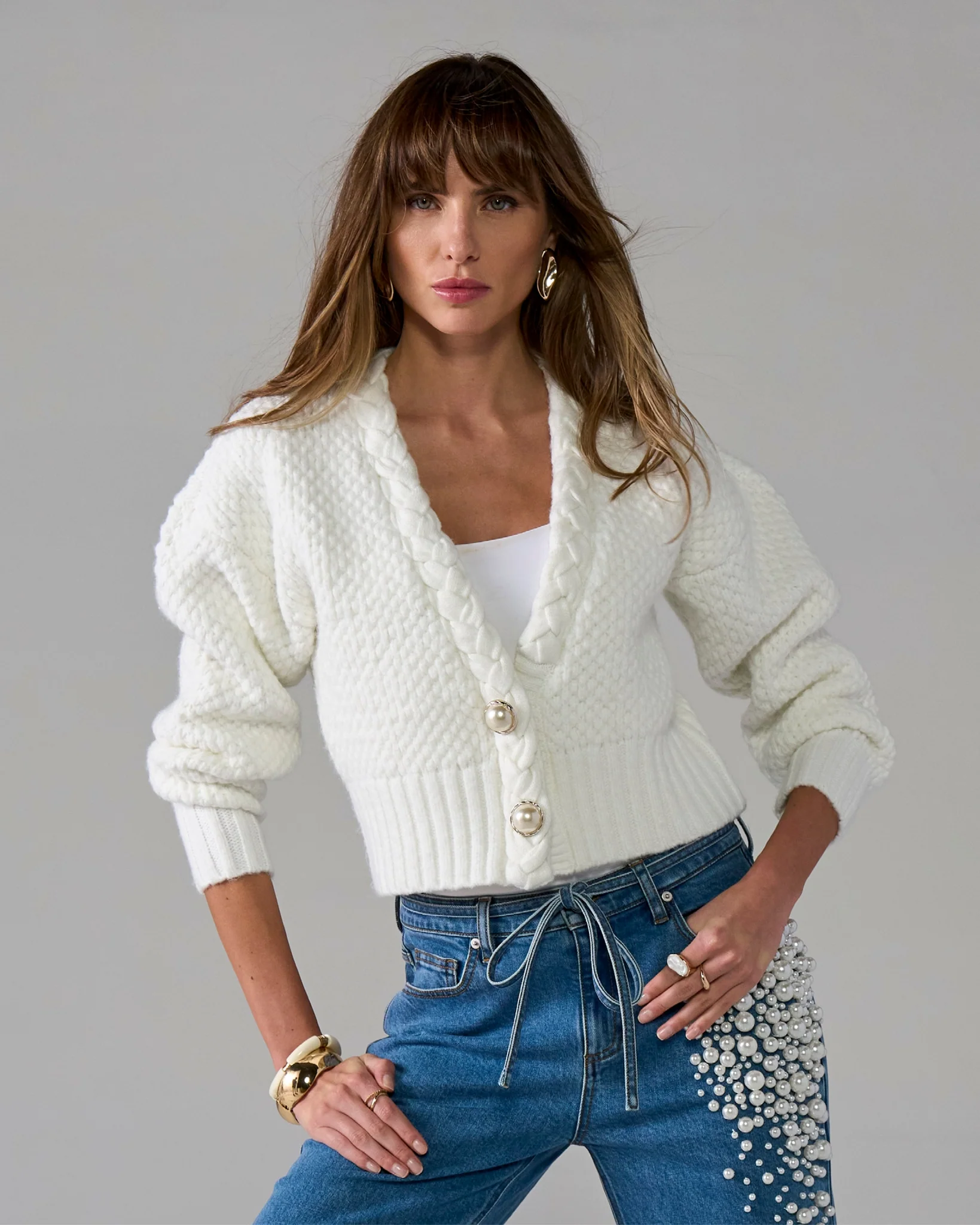 Textured Braid Detail Cardigan Off White