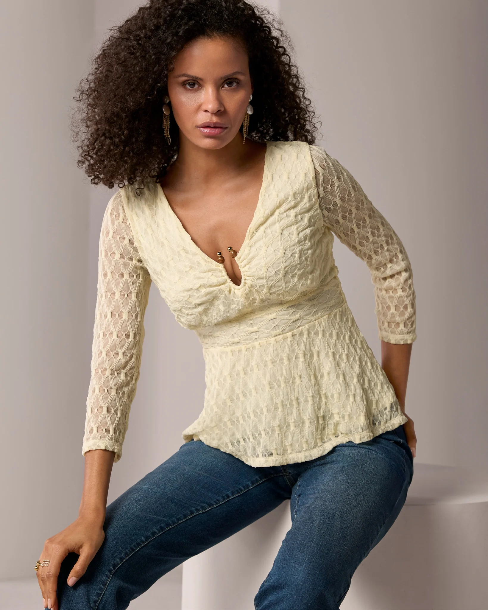 Textured Knit Top with Beaded Neck Detail White Swan