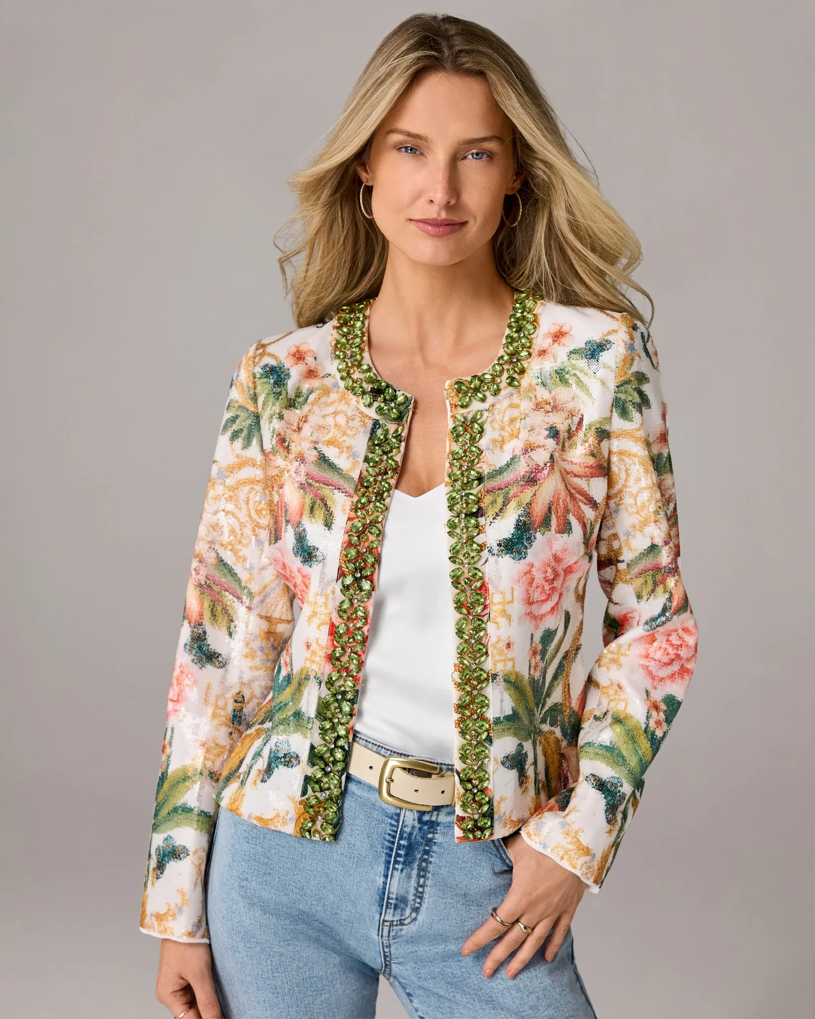 Tropical Printed Embellished Jacket Vacation at the Lotus