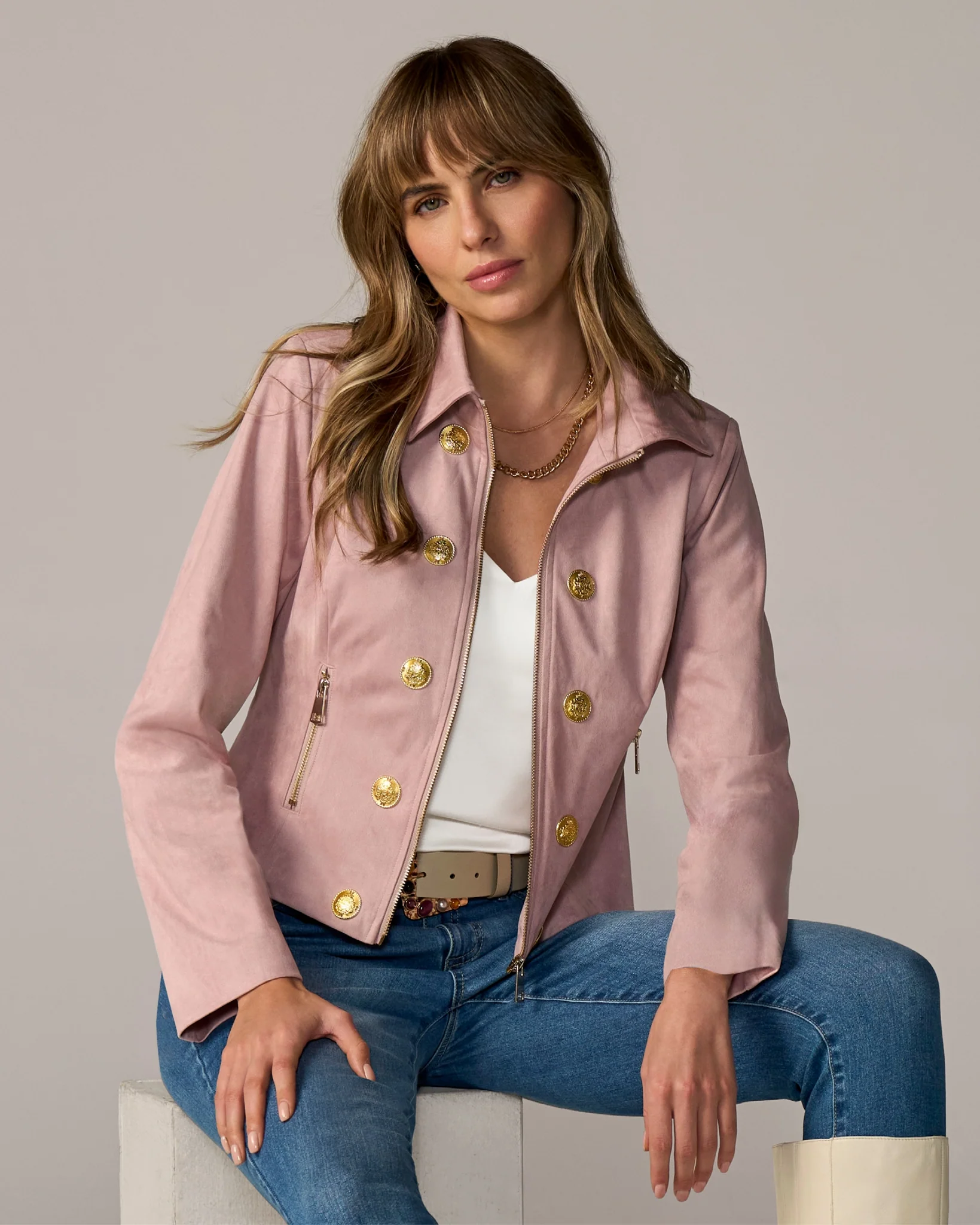 Zip Front Crest Button Faux Suede Jacket Pink